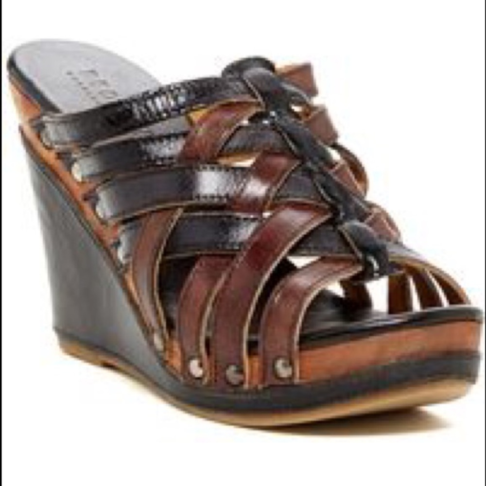 Bed Stu Gina Brown Leather Wood Peep Toe Wedges